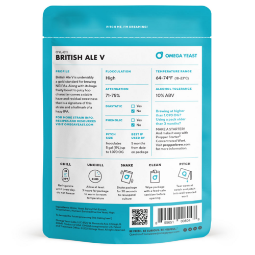 Omega Yeast | OYL-011 British Ale V | Beer Yeast | Double Pitch | 225 Billion Cells