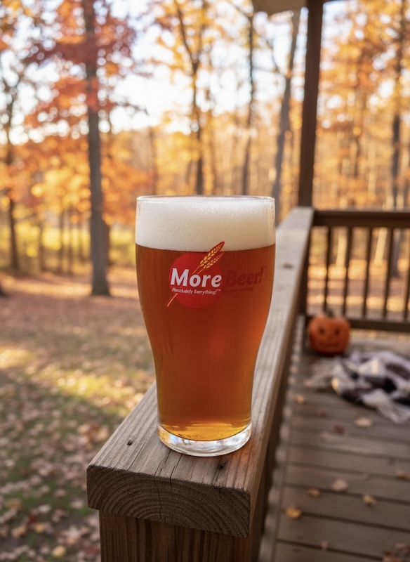 A glass of beer on a porch with fall foliage in the background